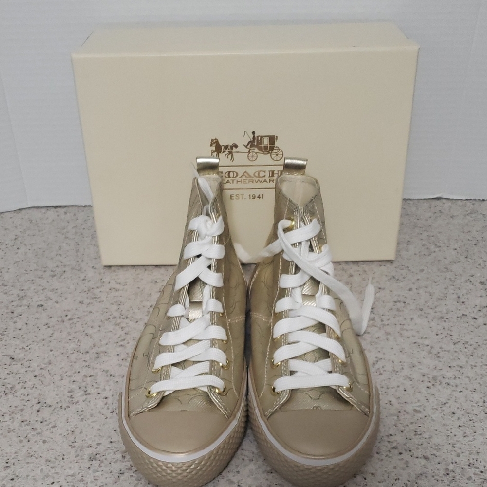 Coach Gold Metallic‎ Canvas Monogram High-Top Sneakers - SZ 7 - New Without Box